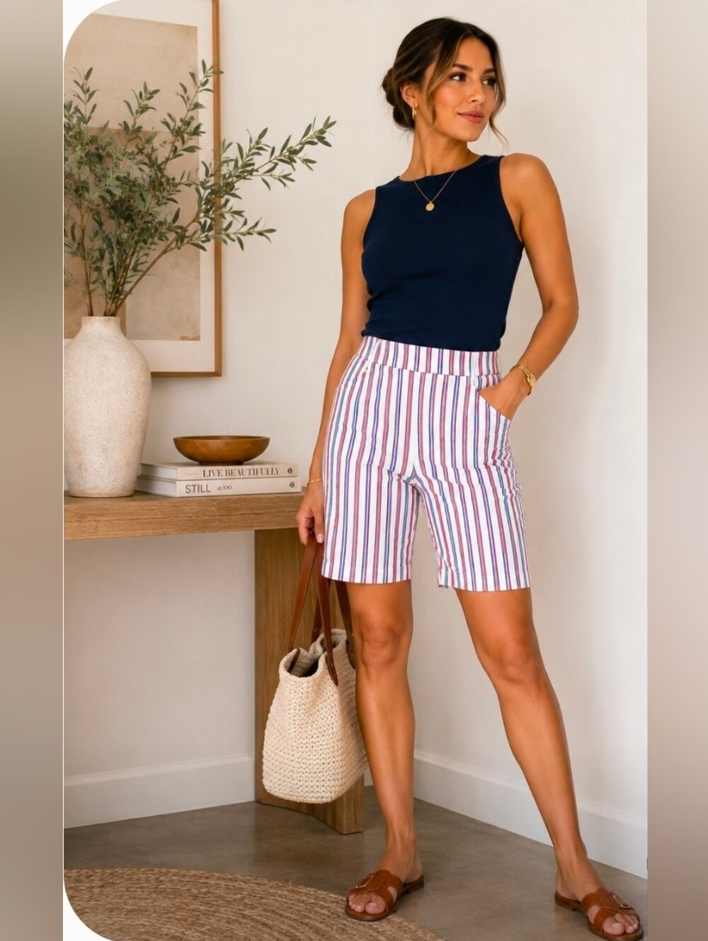 Jenna Rose Striped White Bermuda Shorts with Red & Blue Accents Size M